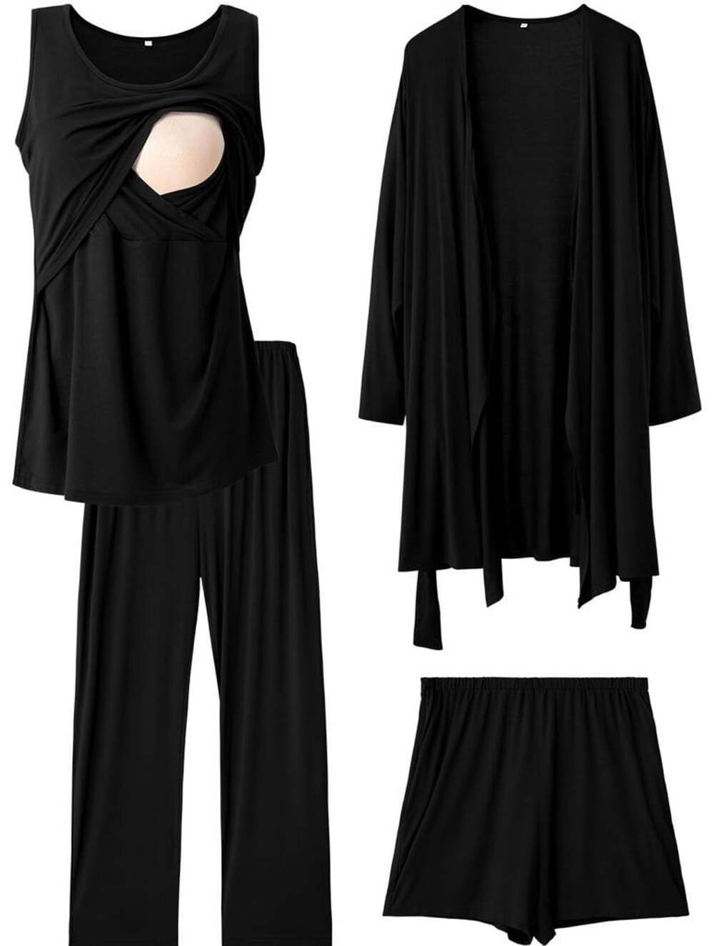 SUNNYBUY Women 4-Piece Maternity Nursing Pajama Set Black